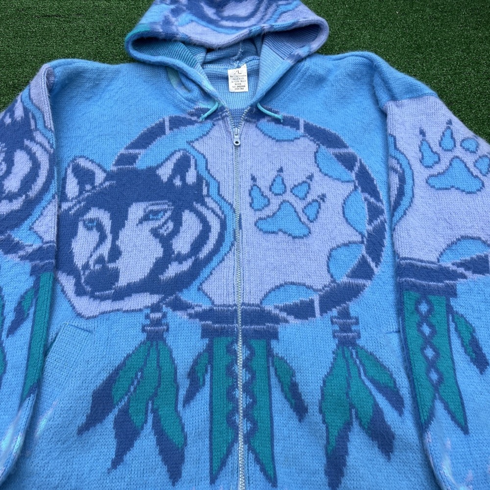 ARTESANIAS TUNTAQUIMBA Wool Blue Boho Dreamcatcher & Wolf Mens XL Read Desc Flaw